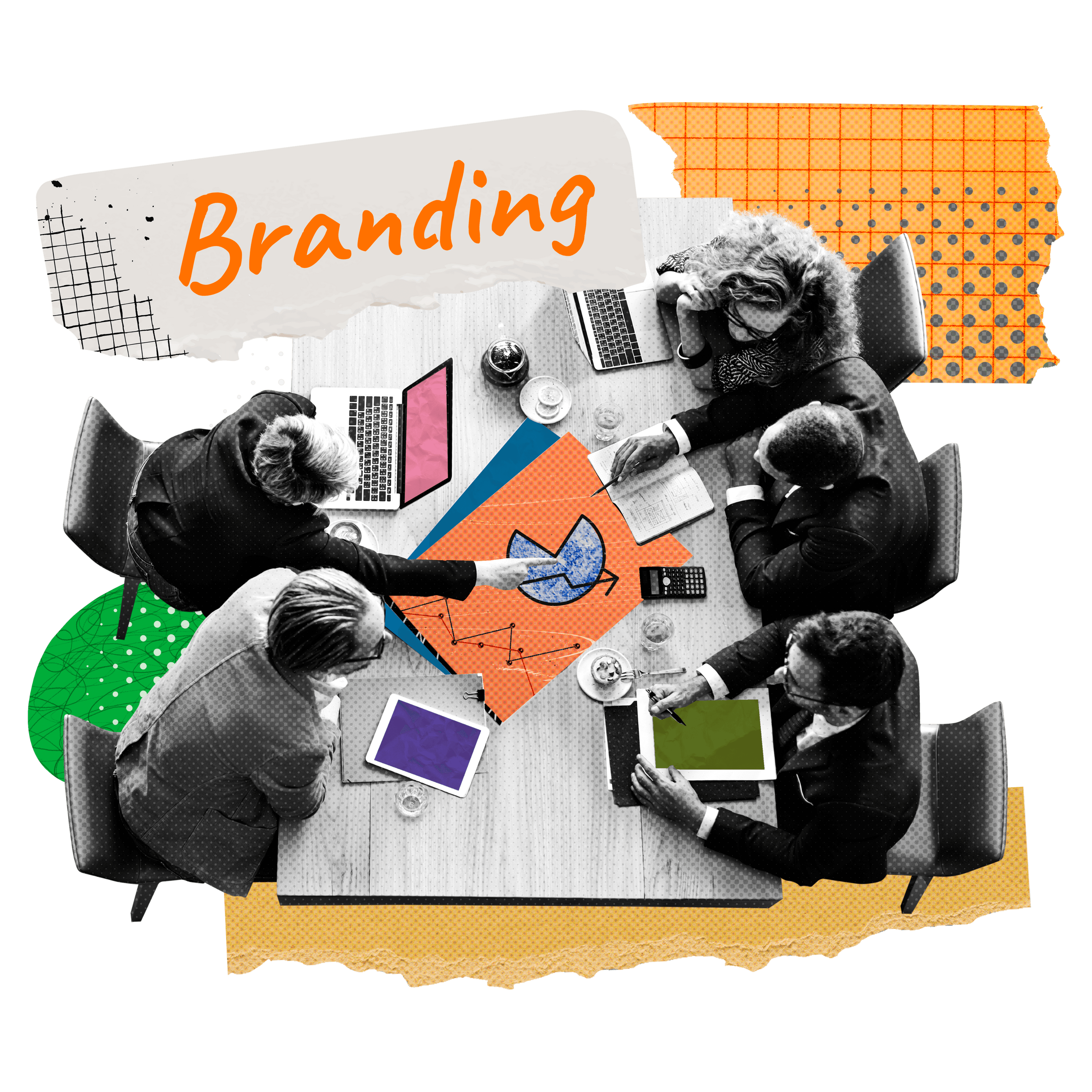 Mixed-media collage of a branding workshop with handwritten “Branding” lettering and colorful accents.